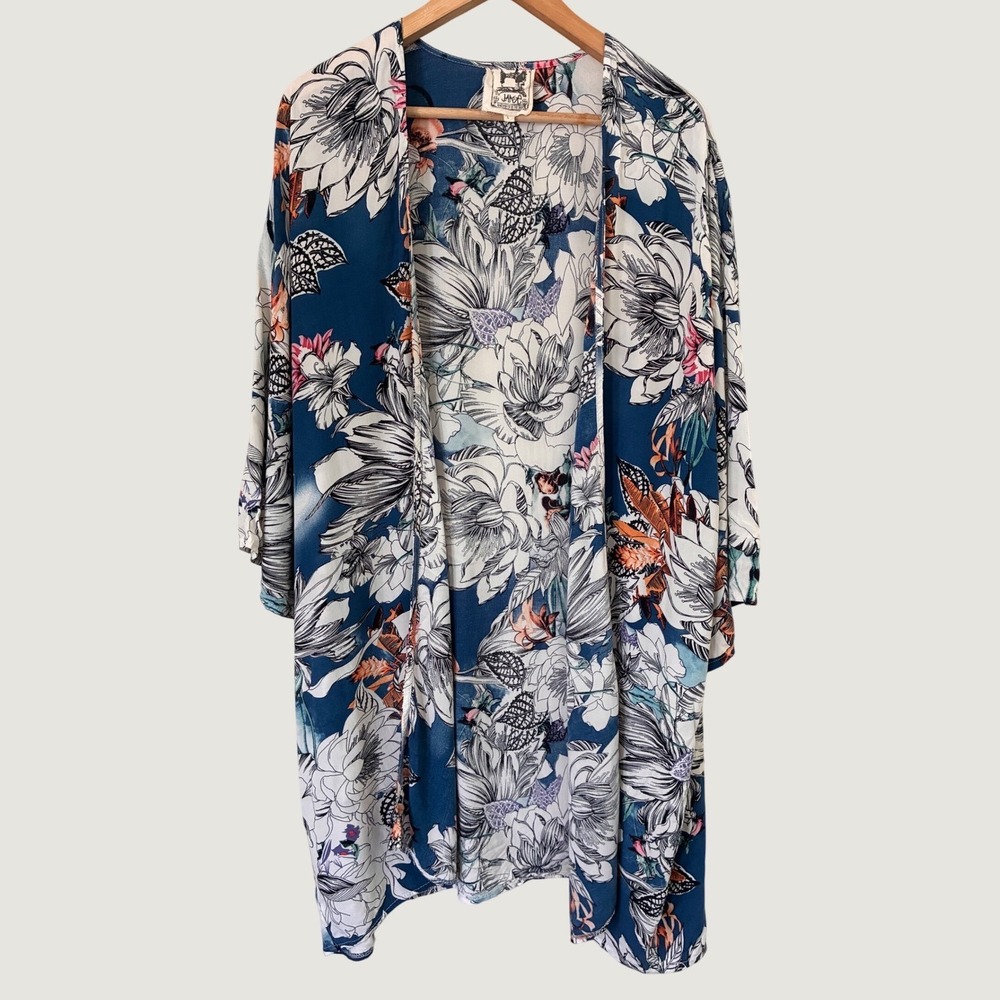 Jase Handcrafted Boho Floral Kimono Wrap Blue White Orange Rayon Large